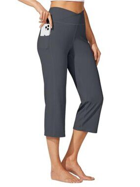 High Waist Crossover Yoga Capris 21" with Pockets Straight Leg